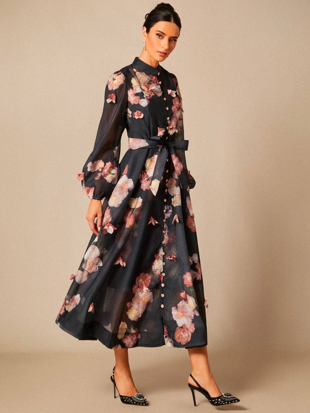 Sunfere Black Sophie 3D Floral Print Long Sleeve Midi Dress - NO BELT - Picture 3 of 11